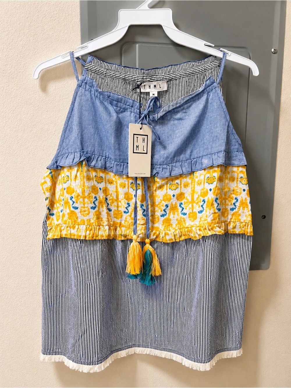 THML Blue, Yellow & White Tiered tank top with Tassels